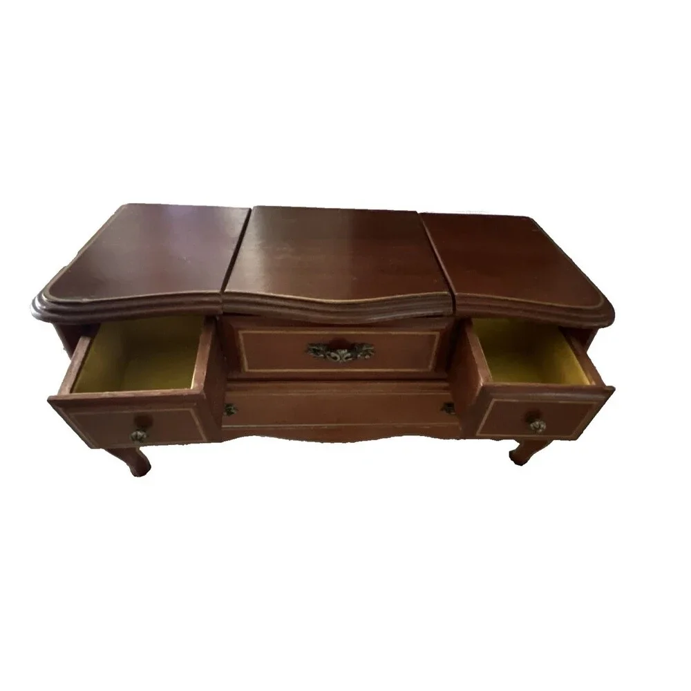 Vintage Mid Century Musical Wooden Jewelry Box, Drawers, Mirror, Velvet Lined